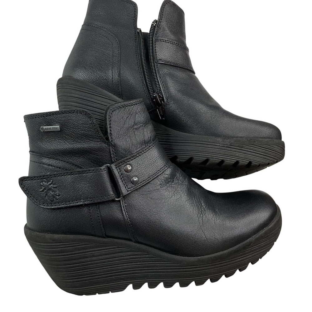 Fly London Boots Gore-Tex Black Leather Wedge Ankle Zip 144062003 Portugal Sz 39